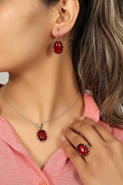 Güçlü Kuyumculuk Kadın Kırmızı Lal Taşlı Otantik Takım
