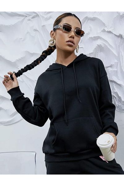 LAPS Tricou negru privat cu glugă pentru femei