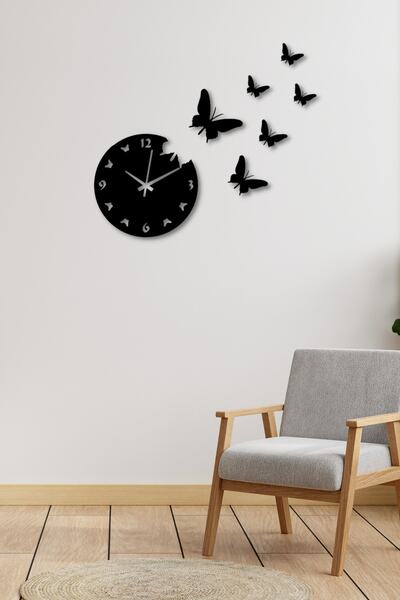 NT Handmade Siyah Ahşap 7 Parça Kelebekler Duvar Saati Salon Oturma Yatak Odası Mutfak Için 85x74 Duvar Dekoru