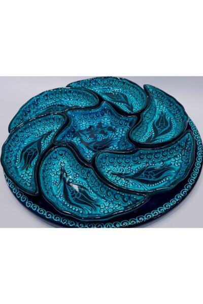 Dost Turkuaz Çini Seramik Rüzgar Gülü El Yapımı Lale Desen Çini Seramik Çerez...