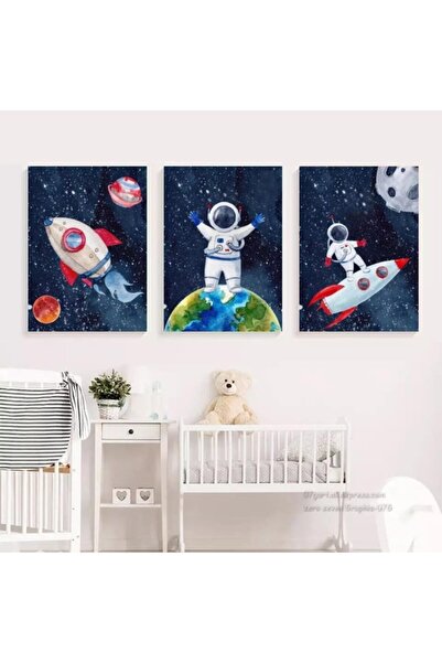 Markazip Çocuk Odalarına 30x40 cm Üçlü Orijinal Tuval Tablo Seti Uzay Kod: Nsn128