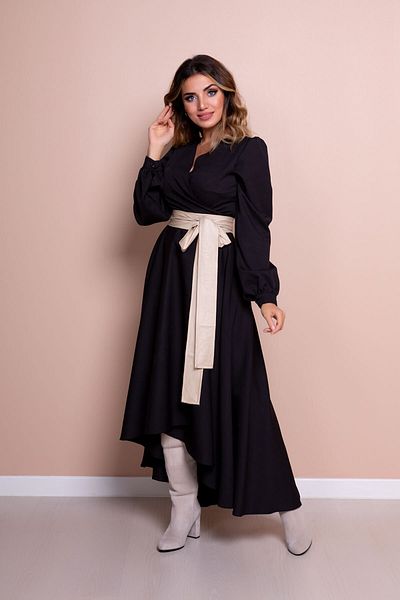 Bidoluelbise Rochie de damă din piele crem cu centură neagră cu mânecă lungă cu croială asimetrică