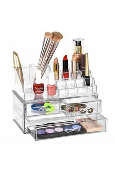 PlastArt Double Makeup Organizer - Makeup Organizer with Drawers + 16 Compartments Makeup Organizer