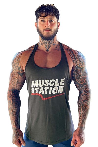 Muscle Station Musclestation Toughman Tank Dark Khaki Workout Fitness Tank Top