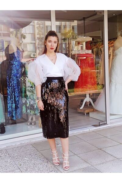 atölye nini Kadın Ekru Organze Kol Detaylı Kruvaze Bluz