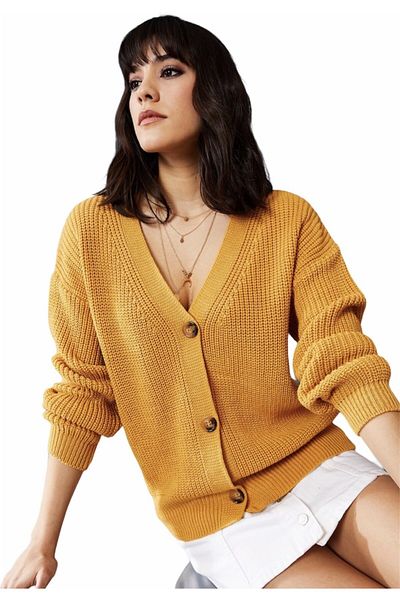 FY Giyim Women's Mustard V-Neck Buttoned Knitwear Cardigan