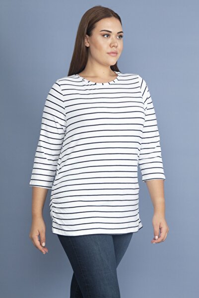 Şans Women's Large Size Bone Side Gathered Capri Sleeve Striped Blouse 65n20066