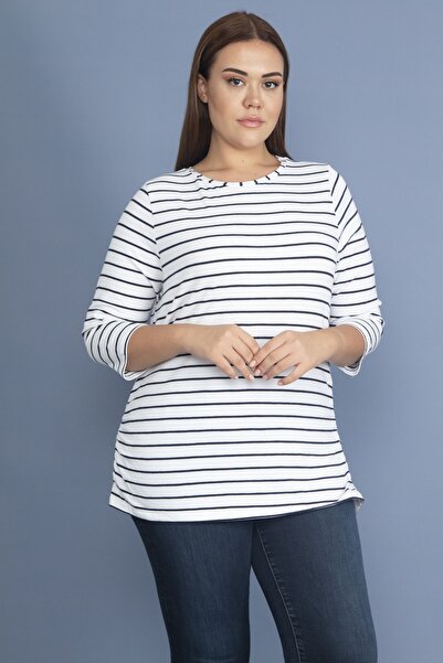 Şans Women's Large Size Bone Side Gathered Capri Sleeve Striped Blouse 65n20066