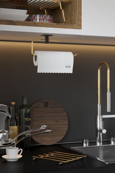 Bino Gold Paslanmaz Dolu Çelik, Kağıt Rulo Havluluk, Peçetelik, Yapışkanlı Tasarım, Banyo Askısı