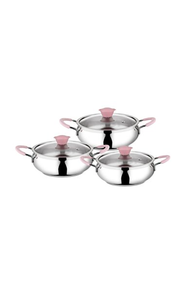 OMS PASLANMAZ Pembe Kulp 6 Parça Çelik Yumurta Sahanı Seti 16-18-20