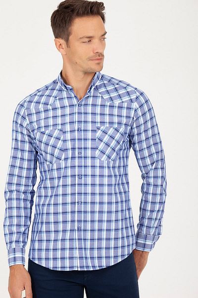 Hatemoğlu Αθλητικό μακρυμάνικο πουκάμισο Navy Blue Slim Fit καρό 100% βαμβάκι