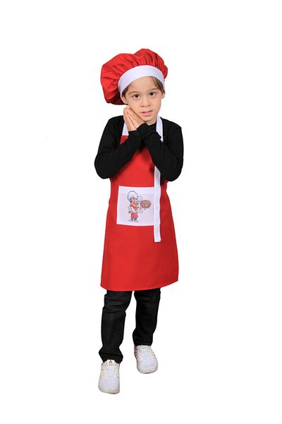 Mandalin Consept Children's Kitchen Apron with Hat Red and White Print Pattern Art10