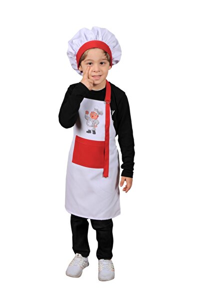Mandalin Consept مريلة مطبخ للأطفال مع قبعة باللون الأبيض والأحمر منقوشة Art14
