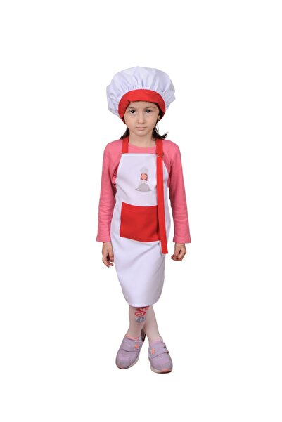 Mandalin Consept مريلة مطبخ للأطفال مع قبعة باللون الأبيض والأحمر منقوشة Art20