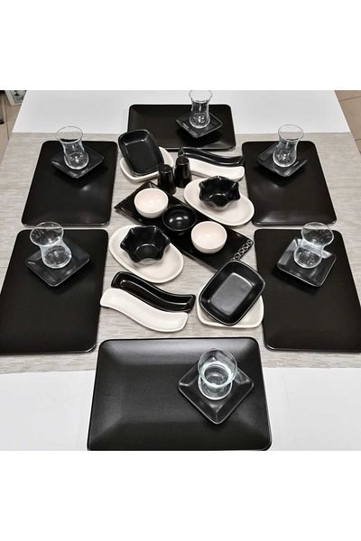 Demet Çeyiz Set Breakfast 36 Pieces 6 Person Matte Black Cream Siera