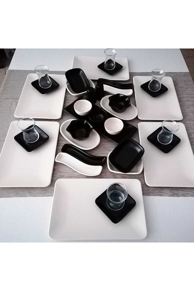Demet Çeyiz Set Breakfast 36 Pieces for 6 Persons Matte Cream Black Siera