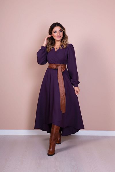 Bidoluelbise Rochie de damă cu curea din piele maro prune cu mânecă lungă cu croială asimetrică