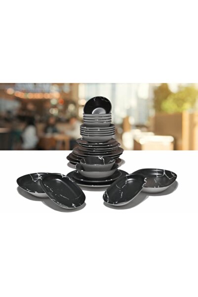 Keramika Mat Siyah Mermer Desenli Yemek Takımı 28 Parça 6 Kişilik