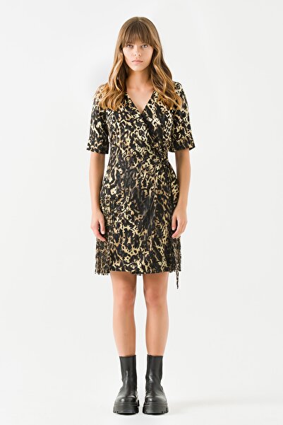 Jus De Pommes Kadın Siyah Pilili Leopar Desenli Elbise