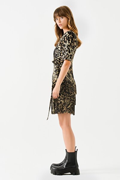 Jus De Pommes Kadın Siyah Pilili Leopar Desenli Elbise