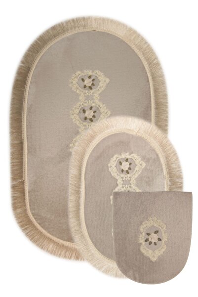 Bonny Home Shems Gray 3-Piece Ruched and Fringed Toilet Set Bathroom Carpet Mat Set