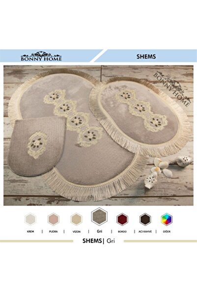 Bonny Home Shems Gray 3-Piece Ruched and Fringed Toilet Set Bathroom Carpet Mat Set