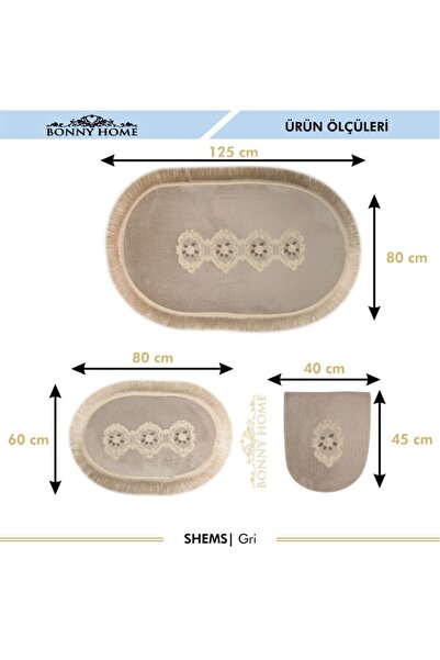 Bonny Home Shems Gray 3-Piece Ruched and Fringed Toilet Set Bathroom Carpet Mat Set