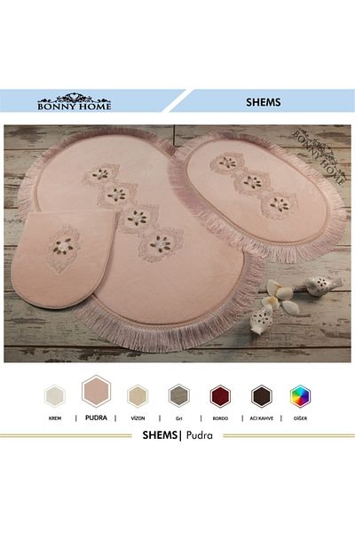 Bonny Home Σετ καθίσματος τουαλέτας Shems Powder 3 τεμαχίων με δαντέλα και κρόσσια Σετ χαλάκι μπάνιου