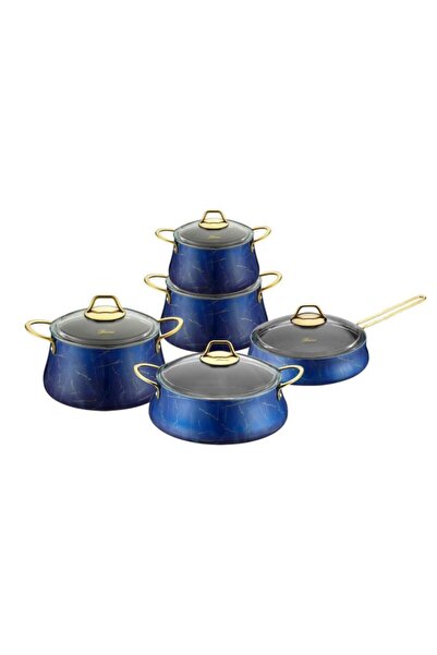 Brioni Lacivert Mermer 10 Parça Tencere Seti