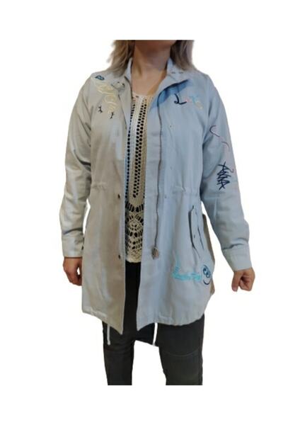 Hepsibitarz Kadın Açık Mavi Arkası Payetli Oversize Geniş Kalıp Astarlı Trençkot