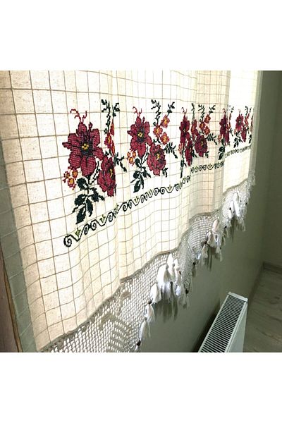 Yavuz Tekstil Claret Red Cross Stitch Embroidered Four Different Colors 200cm X 180cm Cotton Curtain