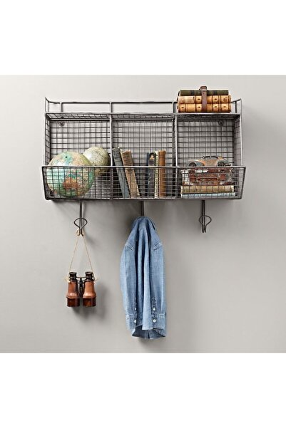 GO DEKOR Endüstriyel Kanca Askılı Model, Tel Kafes 3 Bölmeli Raf - Siyah