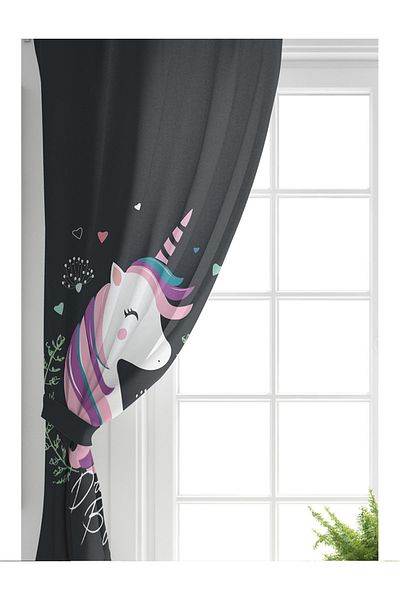 Realhomes Magic Unicorn Design Fundal Negru Aripă Dublă Camera Copiilor Fundal Cortina