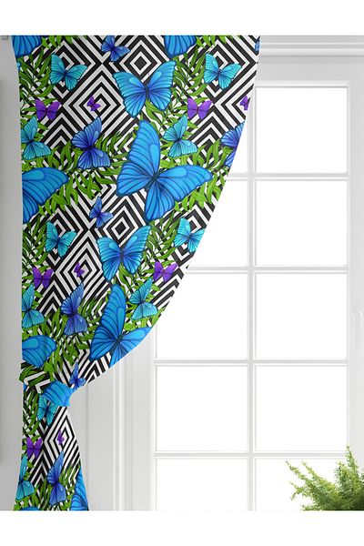 Realhomes Perdele de fundal pentru living cu imprimeu fluture albastru cu fundal geometric cu aripi duble