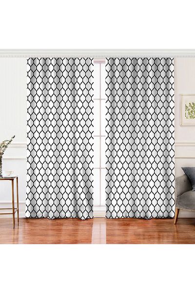 Realhomes Double Wing Black and White Ogea Patterned Decorative Living Room Background Curtain