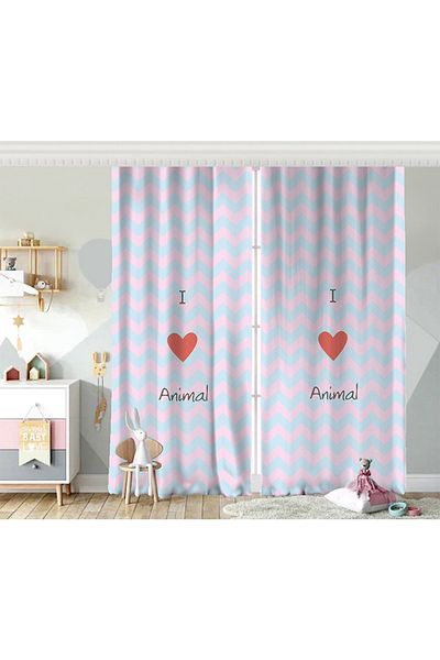 Realhomes Aripă dublă Albastru Roz Zigzag I Love Animal Modele Cortina de fundal pentru cameră pentru copii