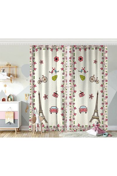 Realhomes Double Wing Eiffel Tower Patterned Digital Printed Children's Room Background Curtain