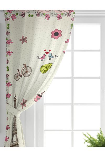 Realhomes Double Wing Eiffel Tower Patterned Digital Printed Children's Room Background Curtain