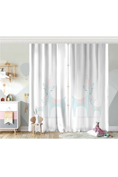 Realhomes Cortina de fundal pentru cameră pentru copii cu aripi duble cu design de cerb unicorn alb