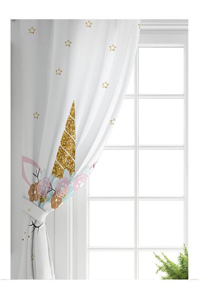Realhomes Cortina de fundal pentru cameră pentru copii cu aripă dublă, cu unicorn magic alb