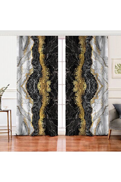 Realhomes Çift Kanat Modern Siyah Beyaz Altın Mermer Motifli Dijital Baskılı ...