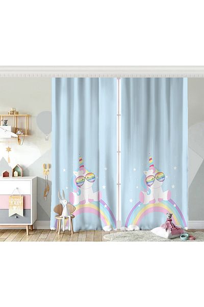 Realhomes Cortina de fundal pentru cameră pentru copii cu aripă dublă albastră cu design unicorn