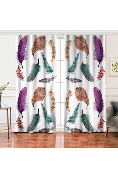 Realhomes Double Wing Feather Illustrated Digital Printed Decorative Living Room Background Curtain