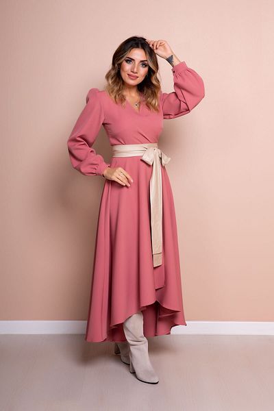 Bidoluelbise Rochie de damă Dusty Rose Crem din piele cu curea cu mânecă lungă, cu croiala asimetrică