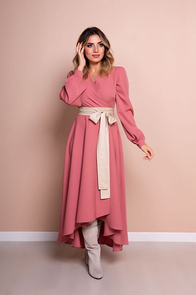 Bidoluelbise Rochie de damă Dusty Rose Crem din piele cu curea cu mânecă lungă, cu croiala asimetrică