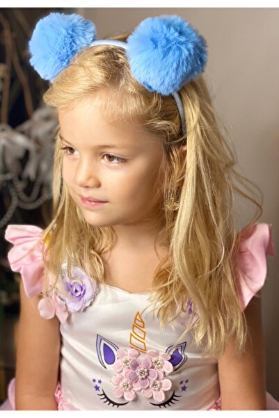 QUEEN AKSESUAR Синя голяма пухкава плюшена корона от сатен с помпони Детска корона с помпони