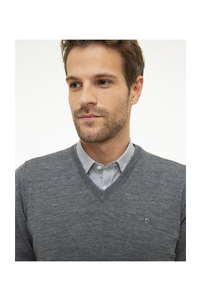 Pierre Cardin Ανδρικό πλεκτό πουλόβερ με γκρι μελανζέ Slim Fit V-Neck Basic