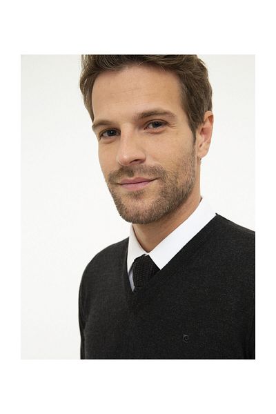 Pierre Cardin Ανδρικό πλεκτό πουλόβερ Anthracite Melange Slim Fit V-Neck Basic