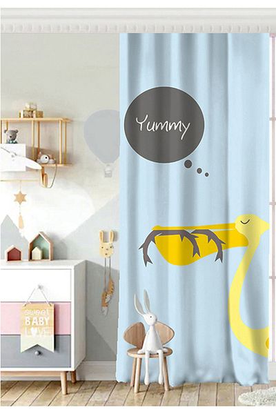 Realhomes Cortina de fundal cu design special pentru cameră pentru copii cu motiv cu barză pe fundal albastru cu o singură aripă