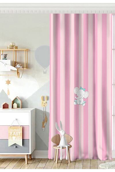 Realhomes Tek Kanat Pembe Çizgili Fil Motifli Bebek Odası Fon Perde